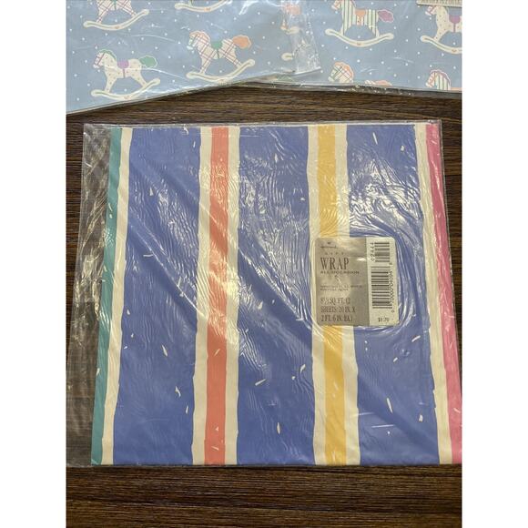 Vintage Hallmark Wrapping Paper Lot Of 3 Baby Rocking Horse & Stripes - Picture 4 of 4